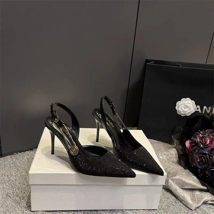 Pointed-Toe Stiletto Rhinestone Patent Leather Heels