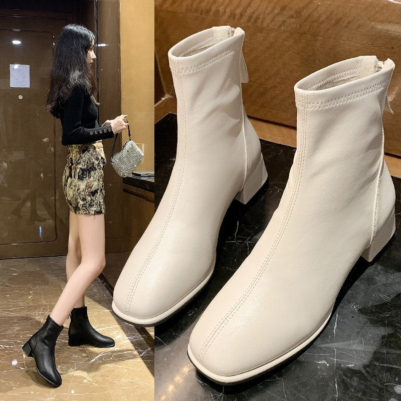 Women's British Style Square-Toe Block Heel Boots