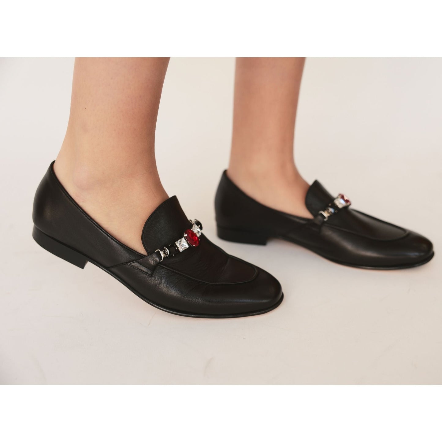 Black Leather Flat Jeweled Loafer