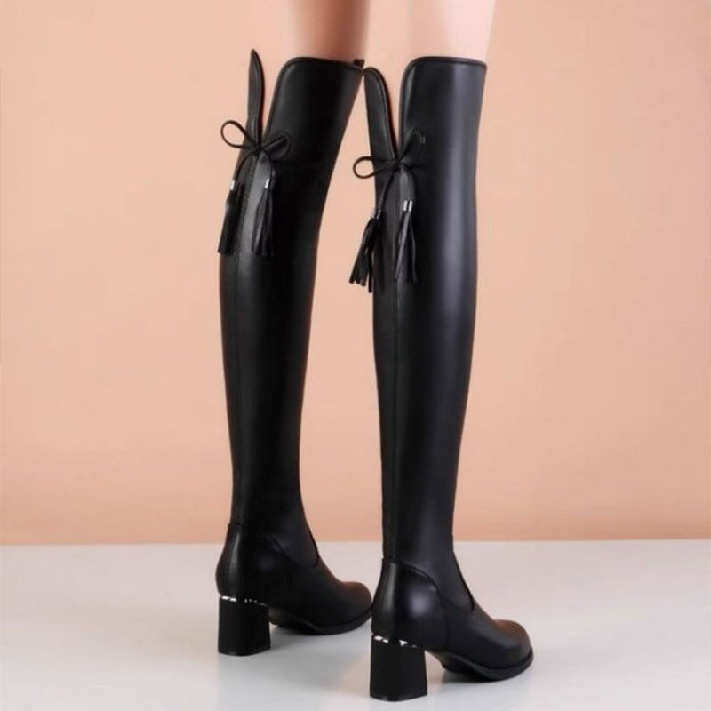 Women's Round-Toe Block Heel Thigh Boots