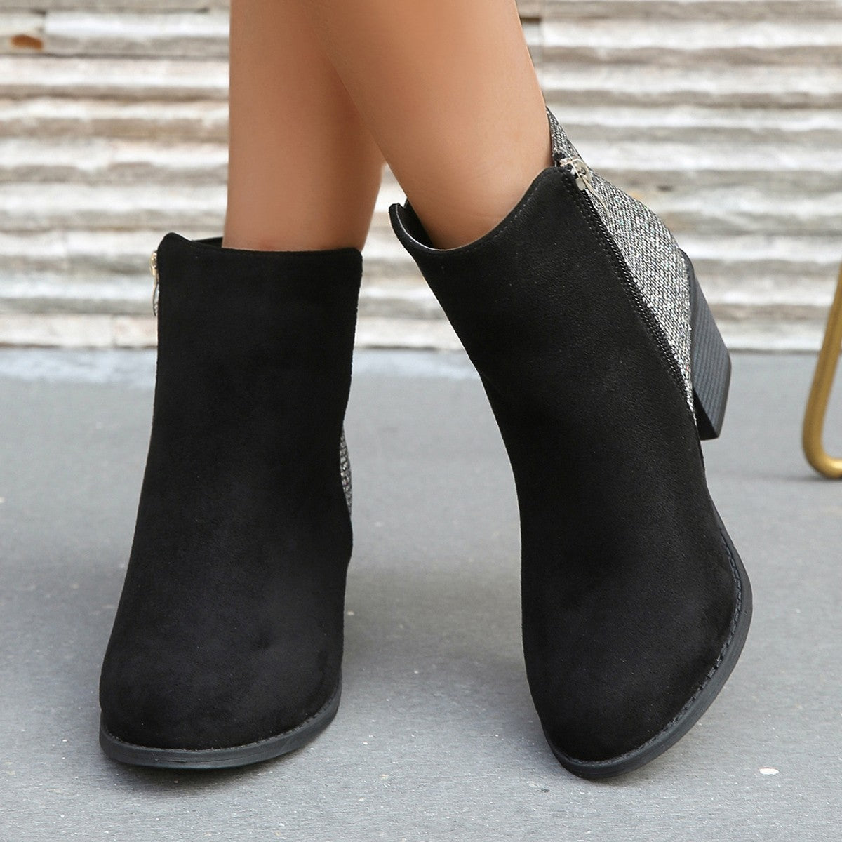 Women's Sequin Chunky Heel Side Zip Boots