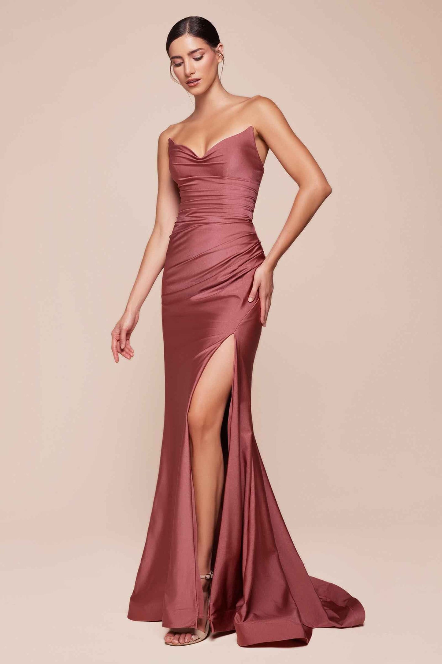 CLEARANCE - Ladivine CD791 Dress Strapless Stretch Satin Fitted Dusty Rose Gown (Size 8)