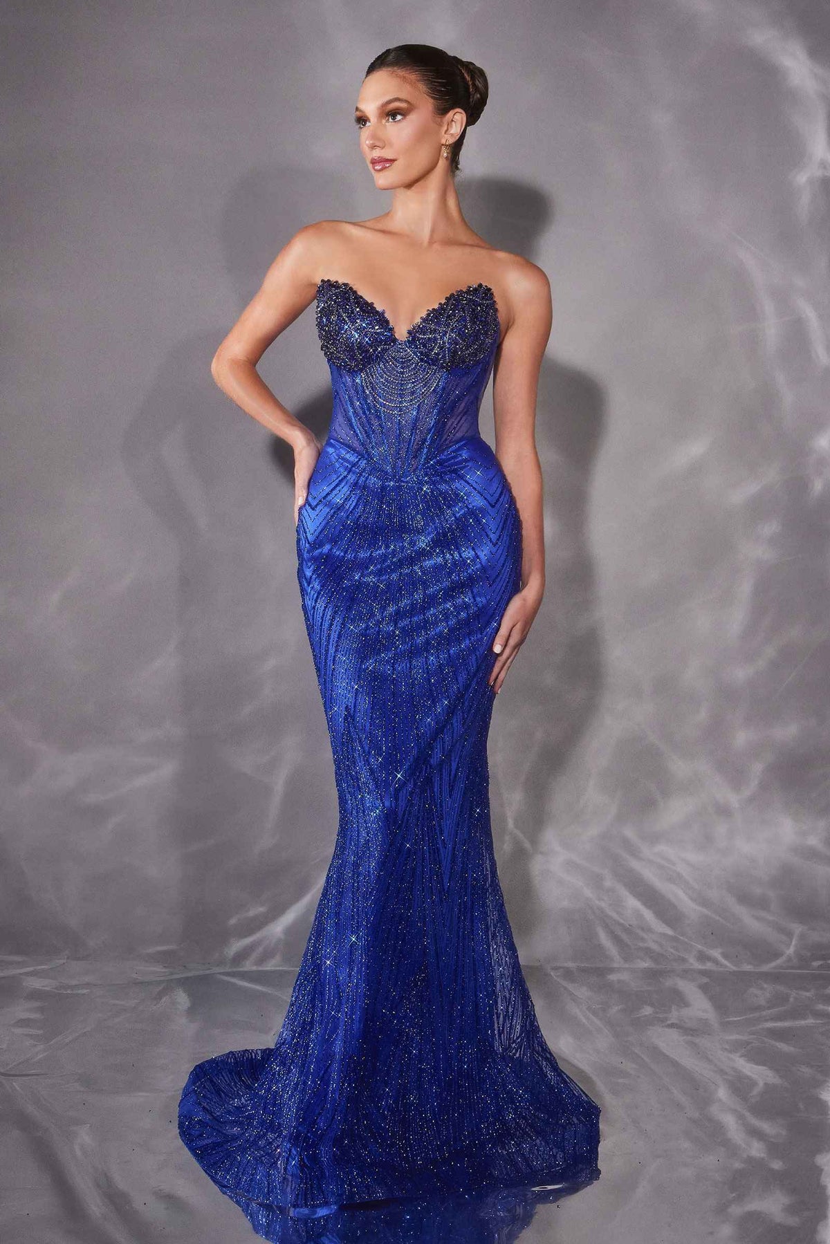 Ladivine J903 Lavish Crystal Encrusted Sheer Corset Bodice Fitted Gown