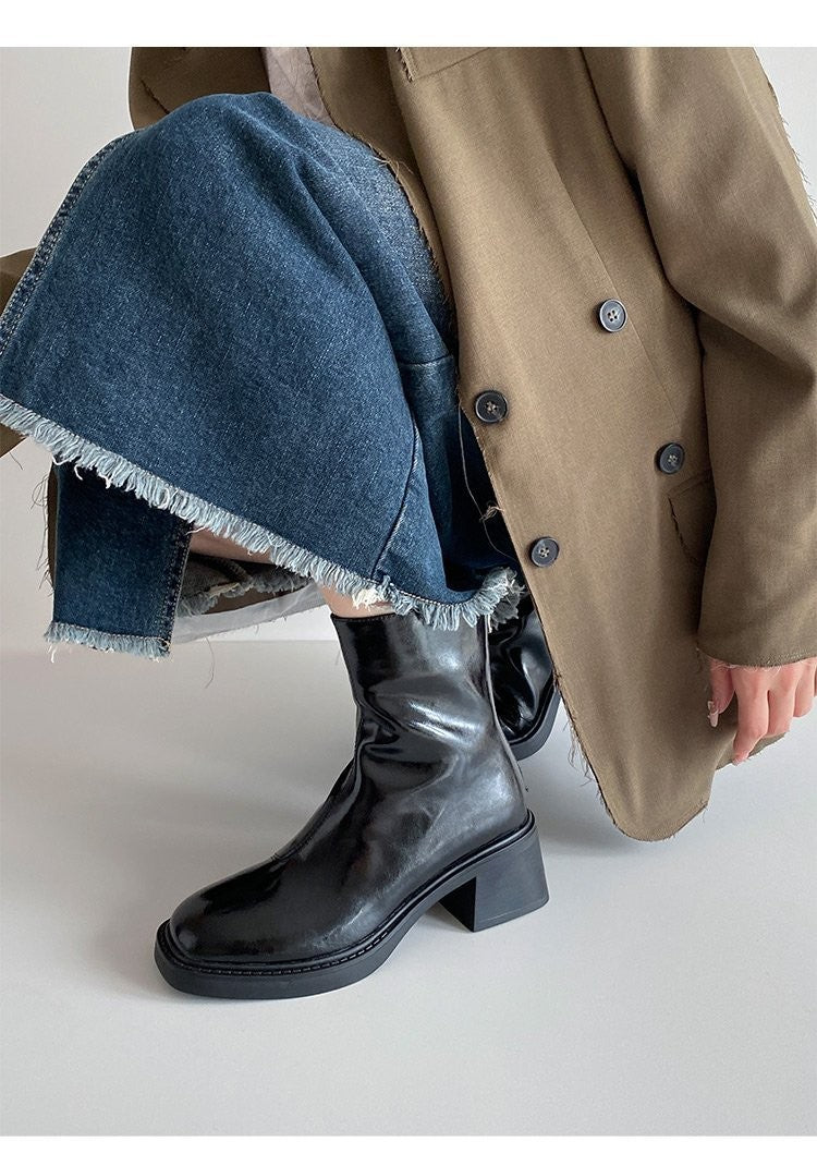Round-Toe Chunky Heel Ankle Boots