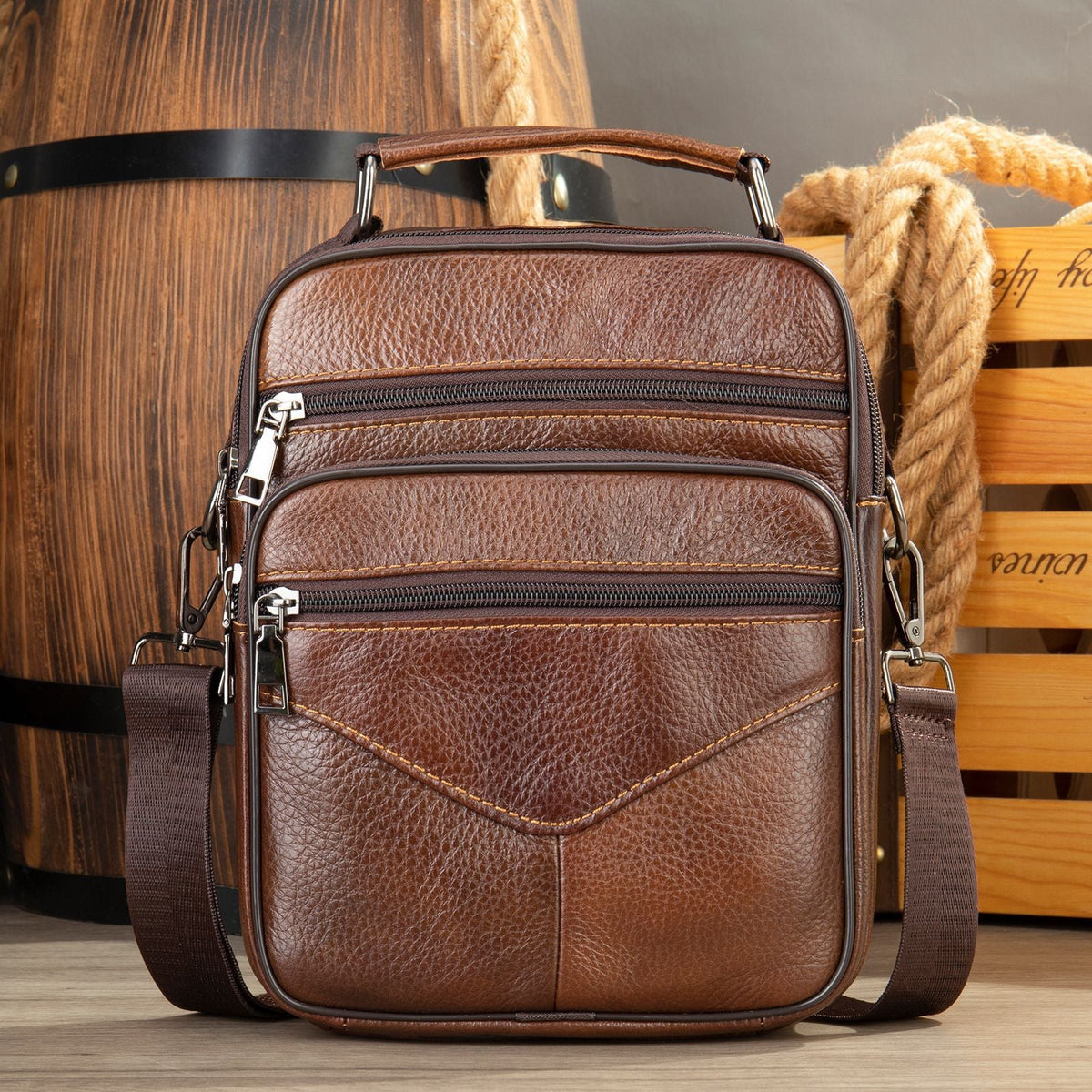 Men's Top Grain Leather Business Commuter Crossbody Bag