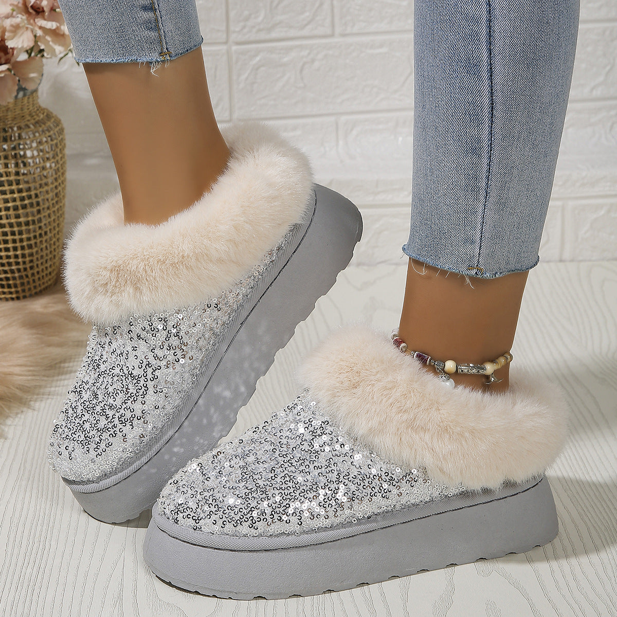 Sequined Plush-Lined Indoor-Outdoor Slippers