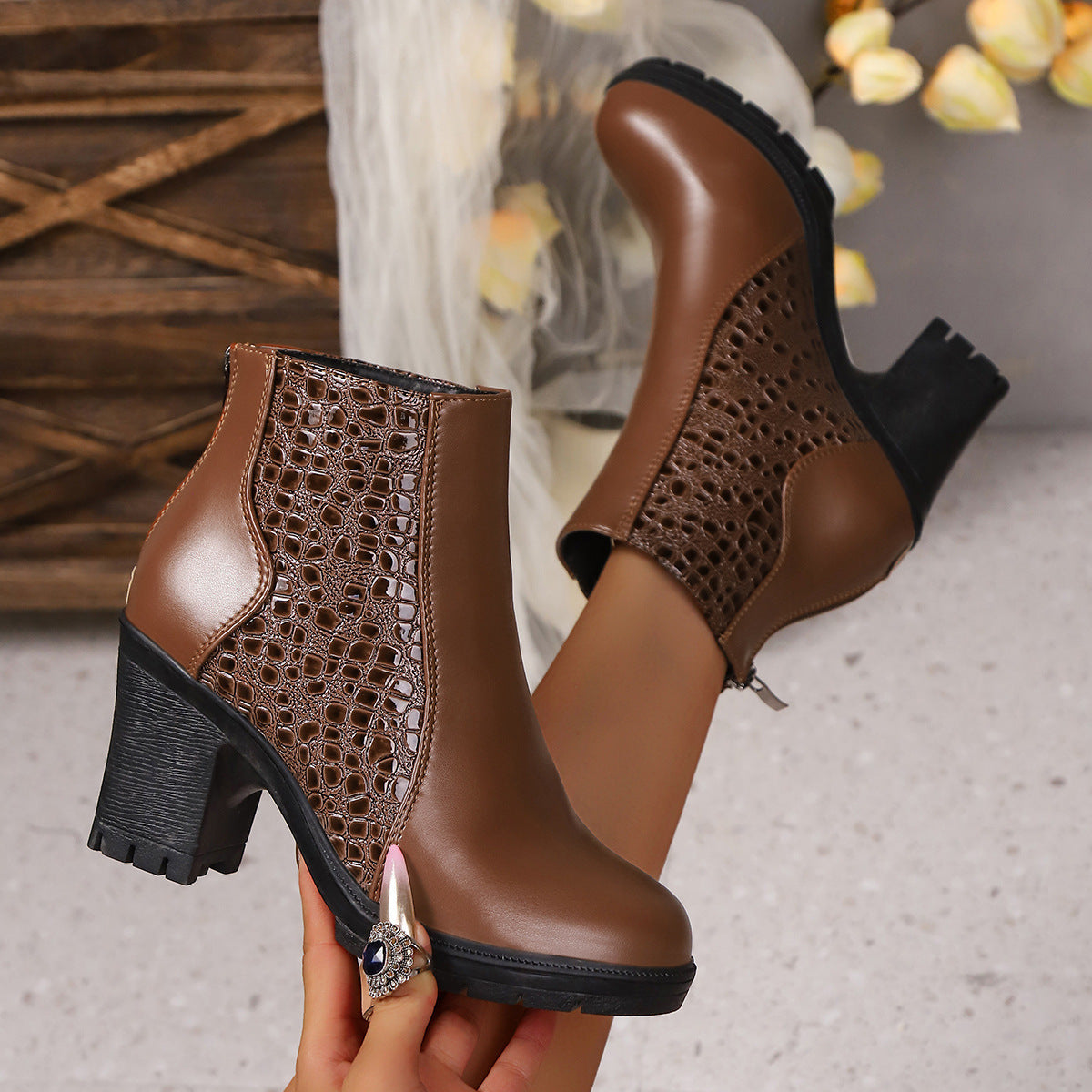 Women's Chunky Heel Wedges with Back Zipper