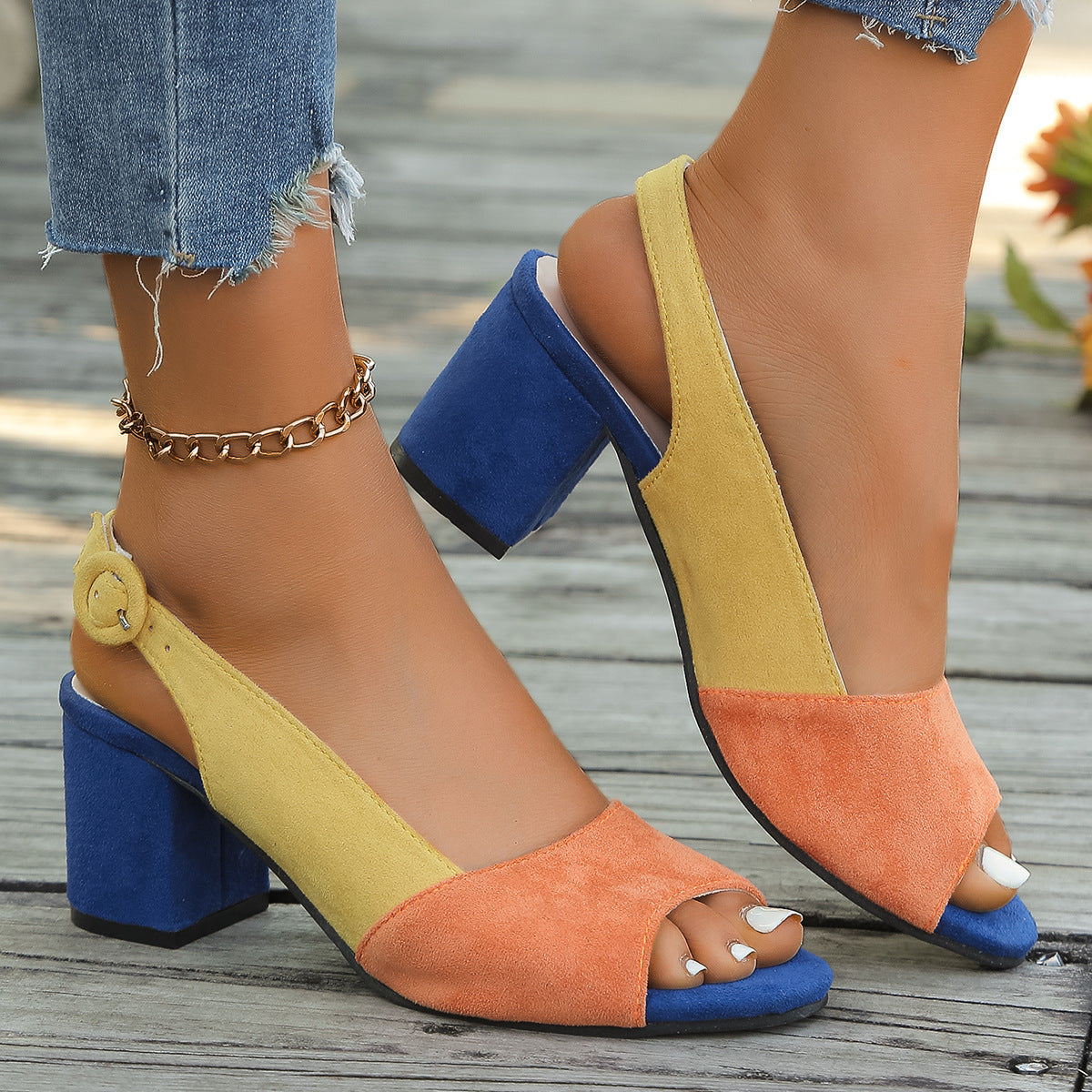 Women's Colorful Block-Heeled Round-Toe Sandals