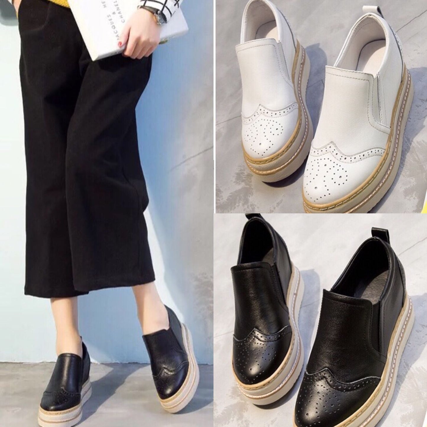Women's Genuine Leather Brogue Platform Shoes