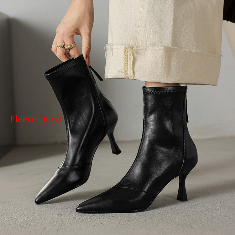 Stiletto-heeled Cowhide Pointed-toe Ankle Boots With A Back