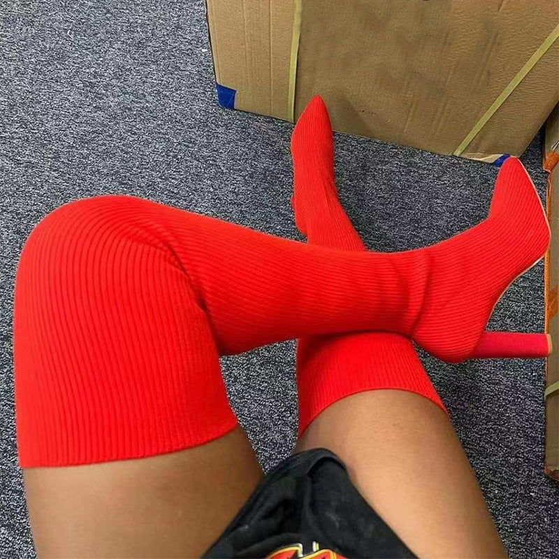Women's Over-the-Knee Pointed-Toe High-Heel Knit Boots