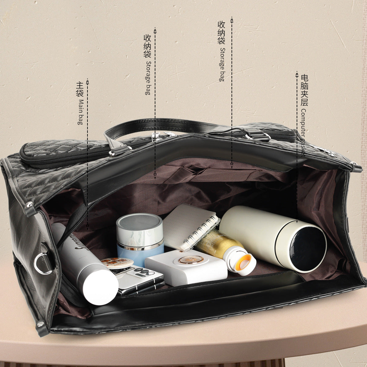 Unisex 2-in-1 Quilted Commuter Tote and Lunch Bag Handbag