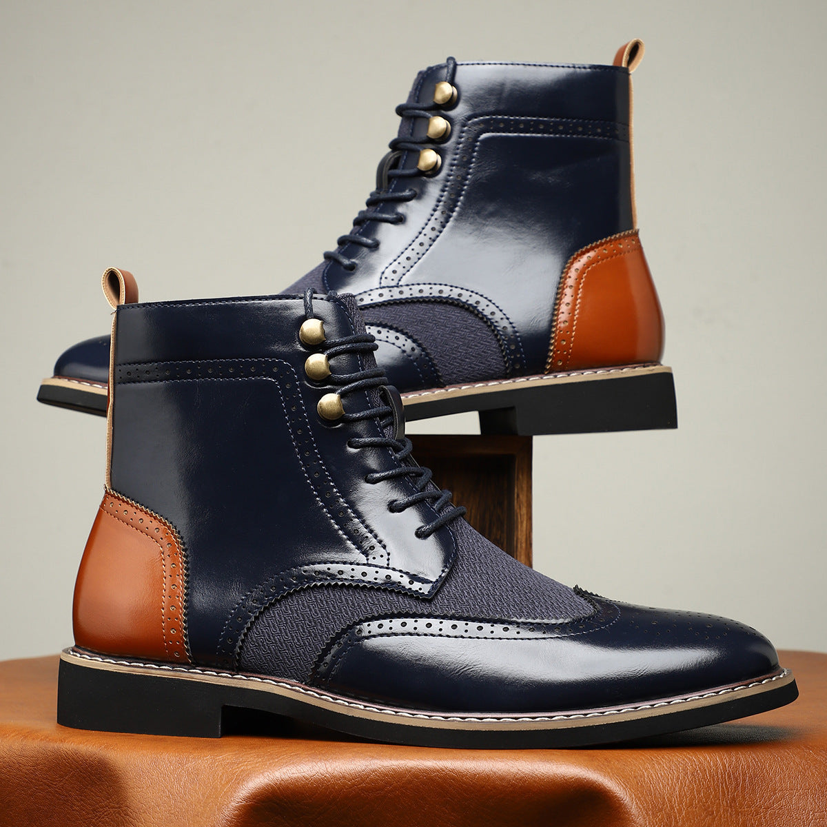 Men's British High Top Color Blocked Leather Boots