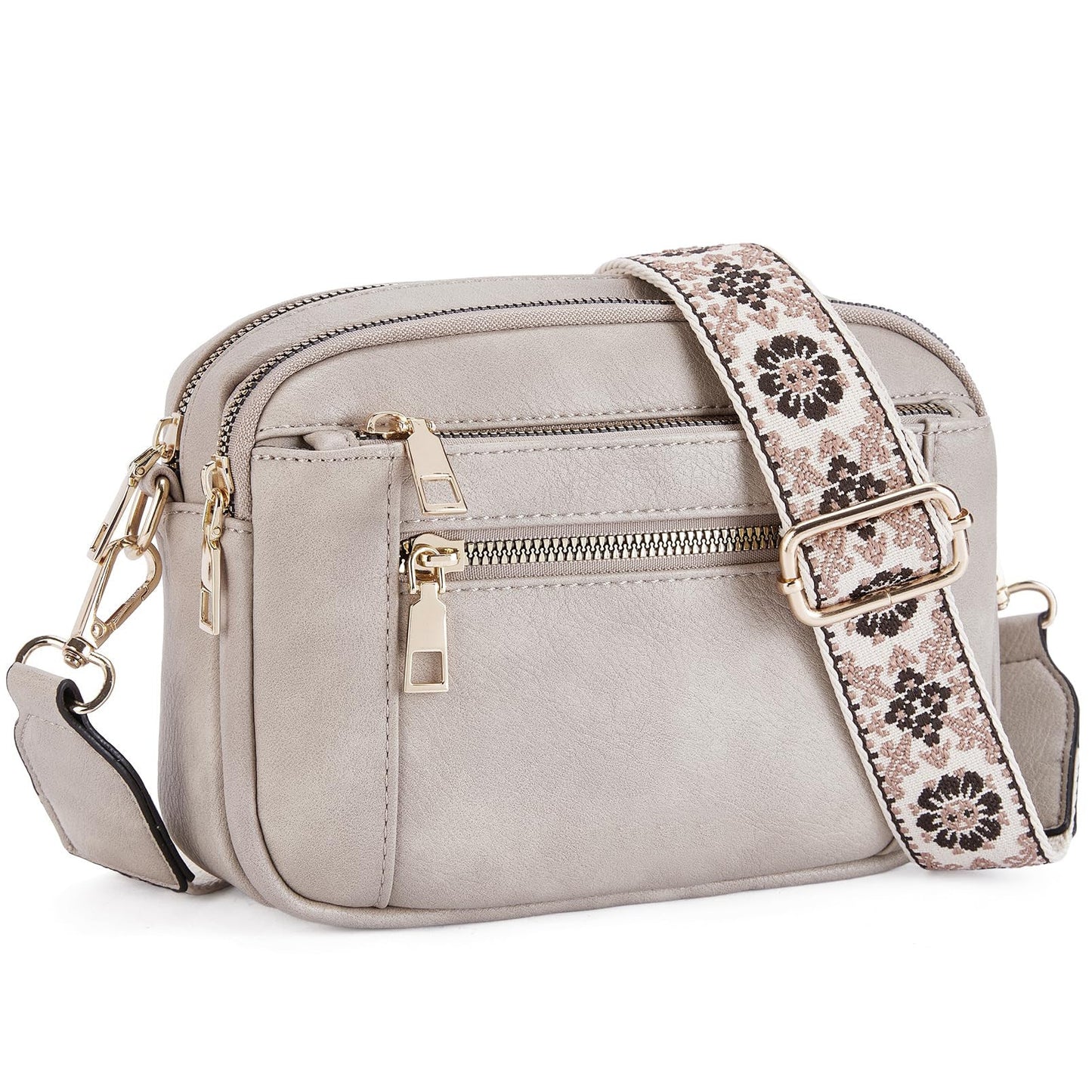Women's Triple-Zipper Crossbody Bag with Floral Embroidered Strap