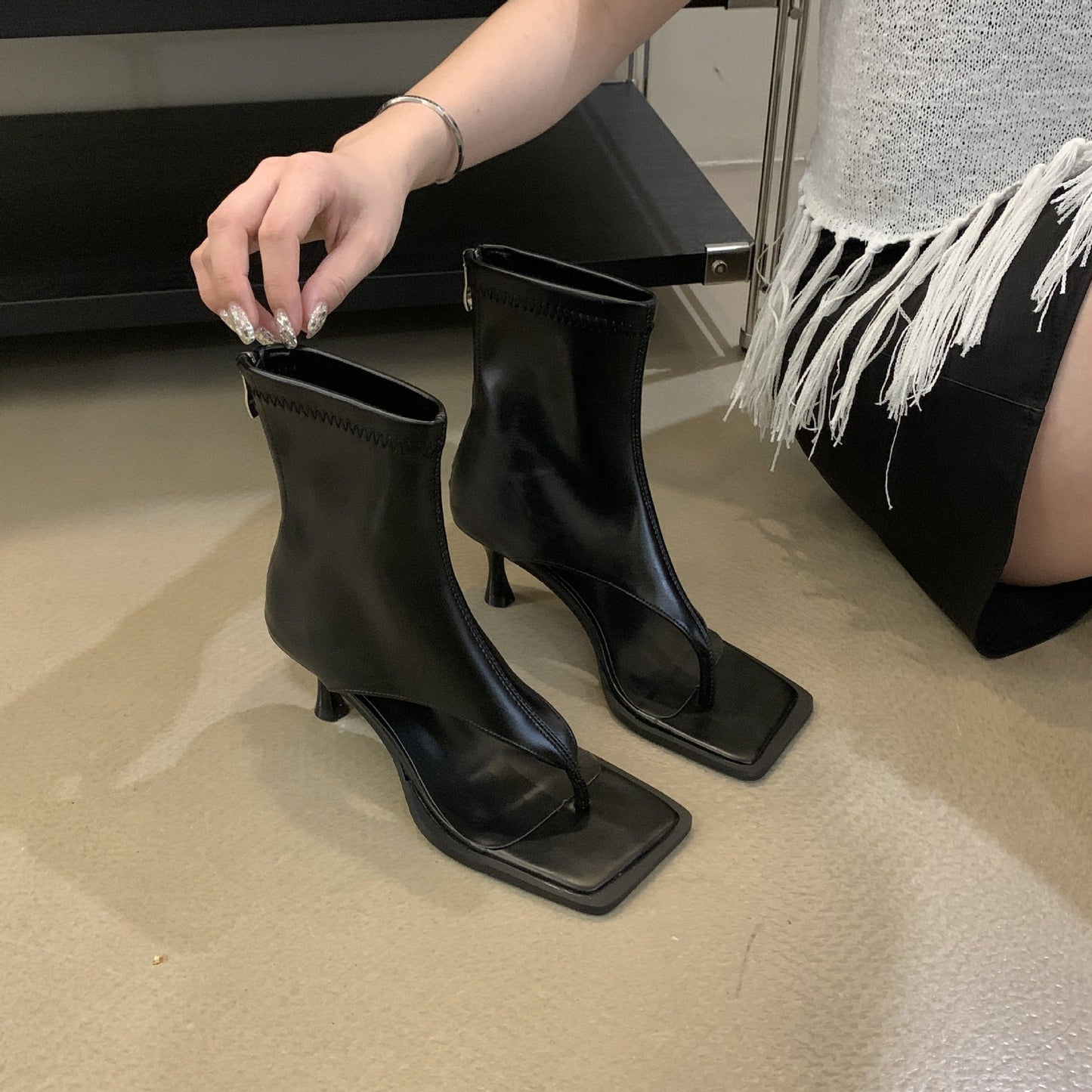 Open-Toe High-Heel Square-Toe Boots