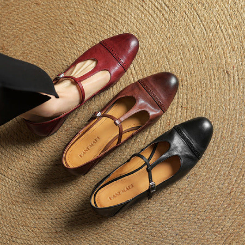 Women's T-shaped Buckle Cowhide Flats