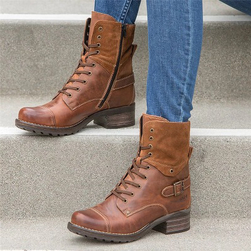 Casual Low-Heeled Round-Toe Lace-Up Ankle Boots