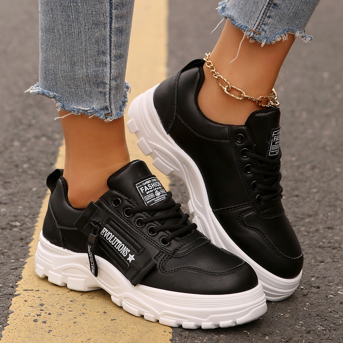 Women's Lace-Up Sports Shoes With Side-Zipper Design Casual Sneakers
