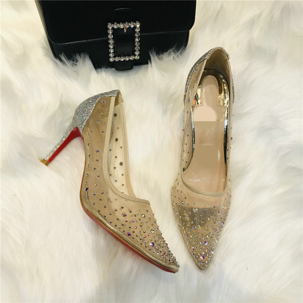 Women's Mesh Rhinestone Transparent Pointed Flats
