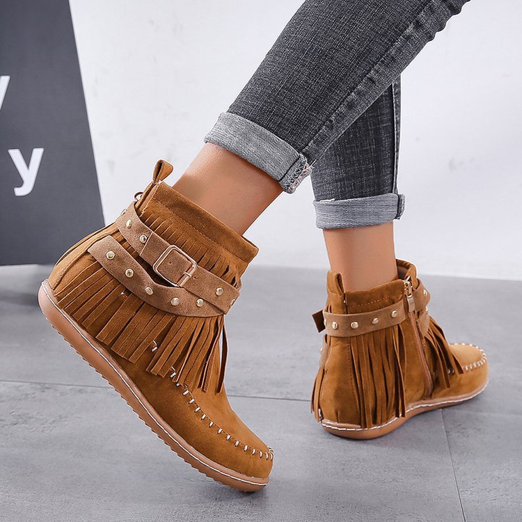 Women's Tassel Ankle Boots with Buckle Detail