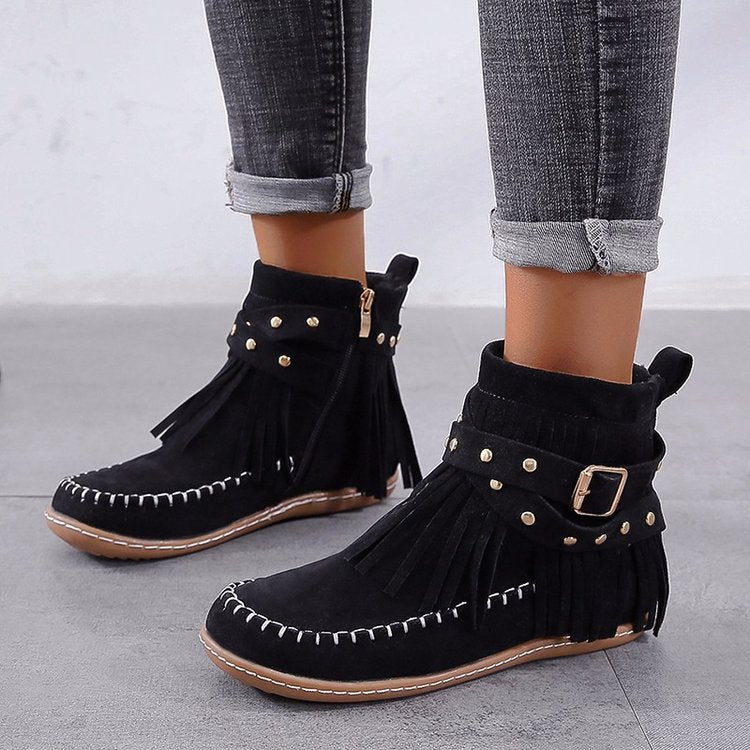 Women's Tassel Ankle Boots with Buckle Detail
