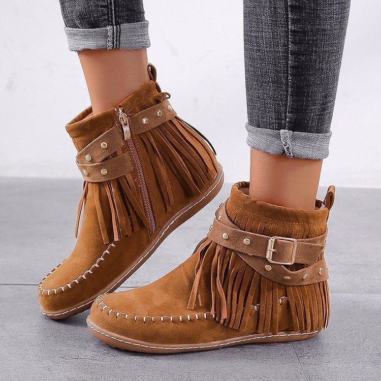Women's Tassel Ankle Boots with Buckle Detail
