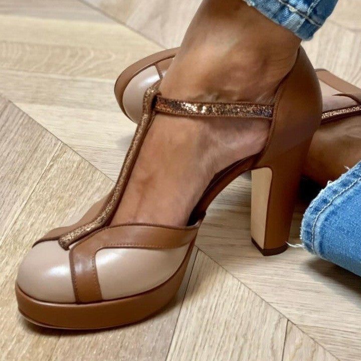 Women's High-Heel Thick Bottom T-Shaped Buckle Pumps