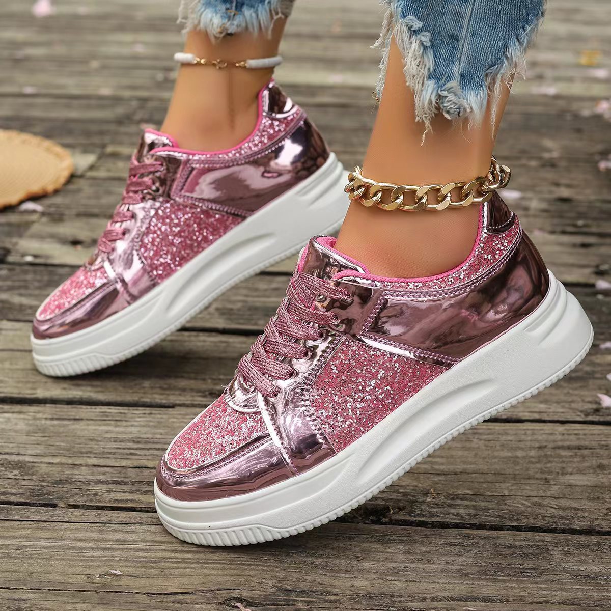 Women's Sequin Lace-Up Platform Sneakers