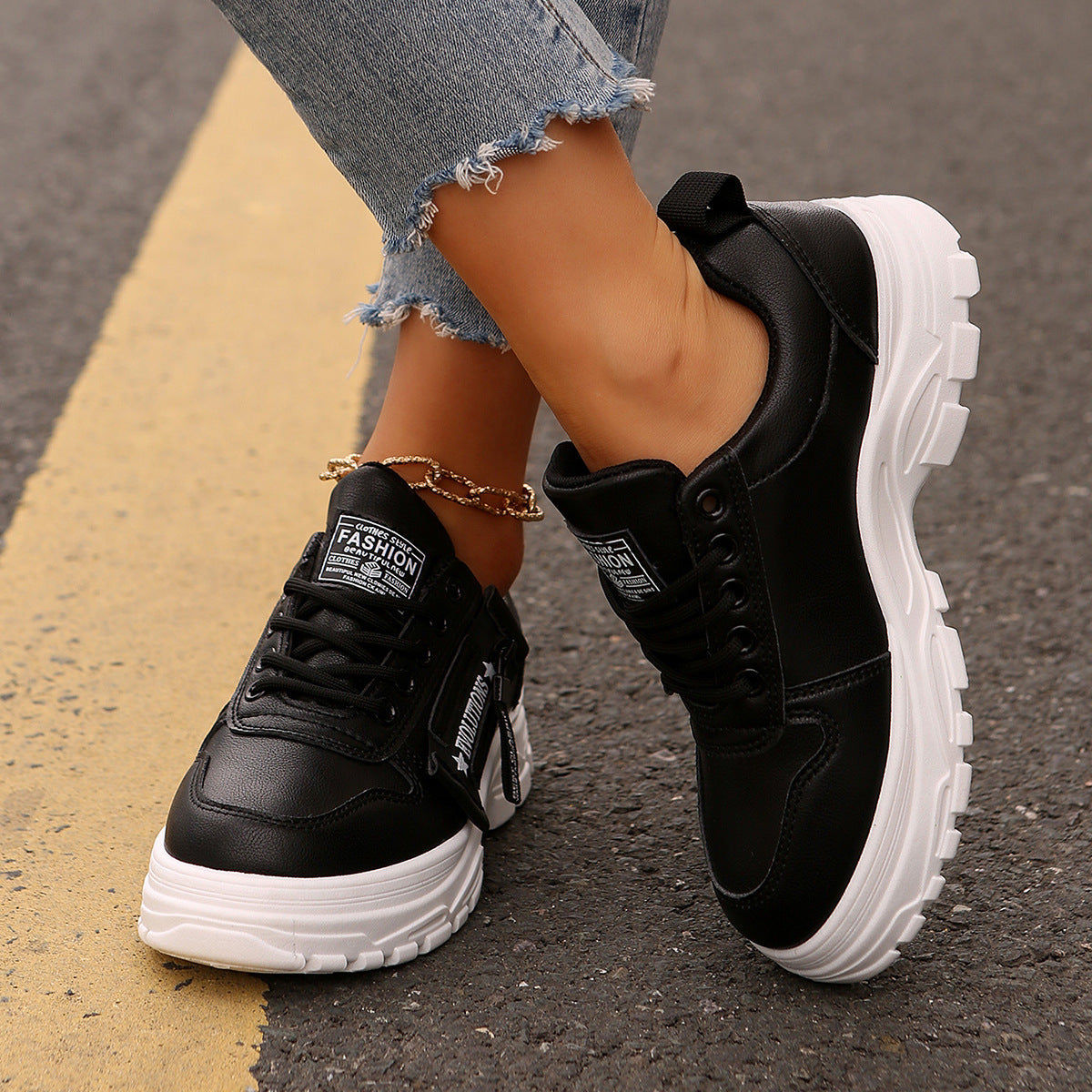 Women's Lace-Up Sports Shoes With Side-Zipper Design Casual Sneakers