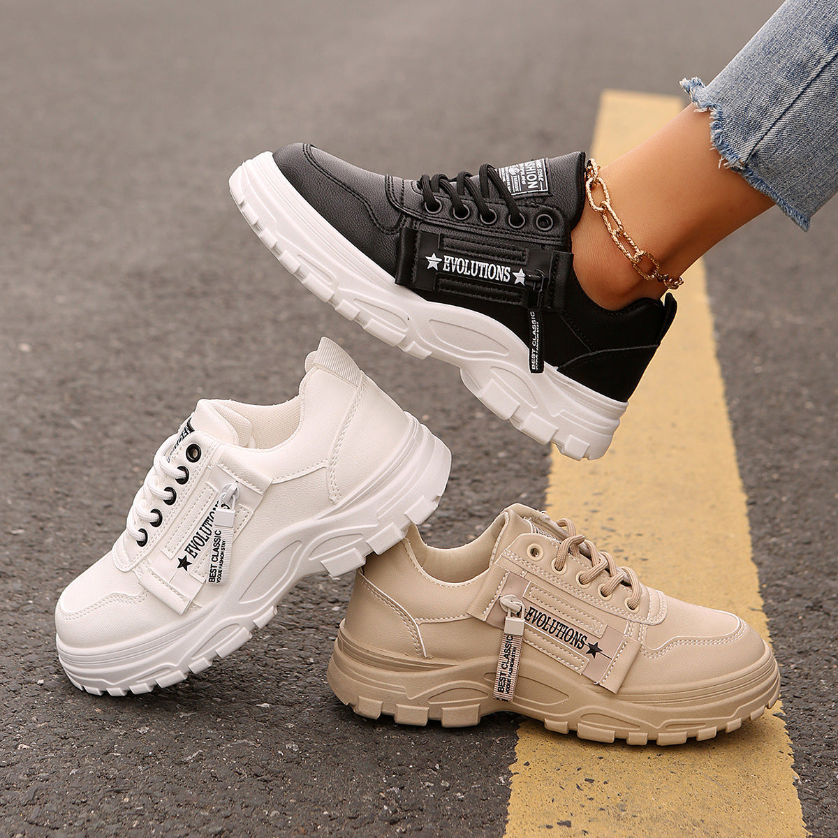 Women's Lace-Up Sports Shoes With Side-Zipper Design Casual Sneakers