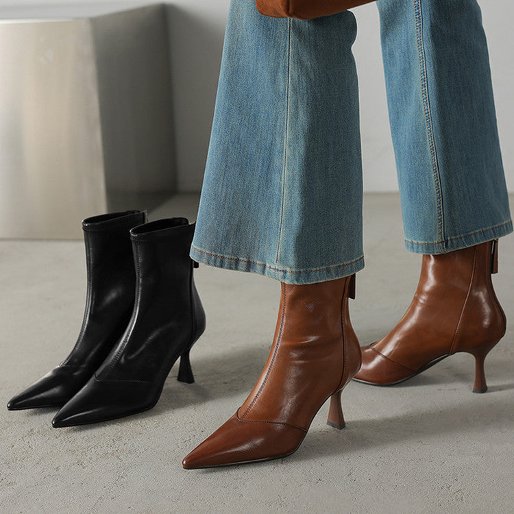 Stiletto-heeled Cowhide Pointed-toe Ankle Boots With A Back