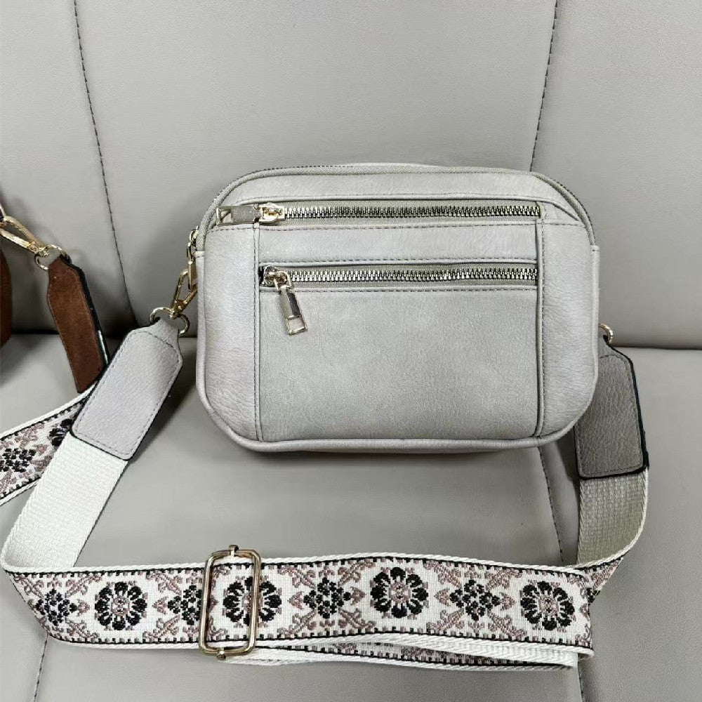 Women's Triple-Zipper Crossbody Bag with Floral Embroidered Strap