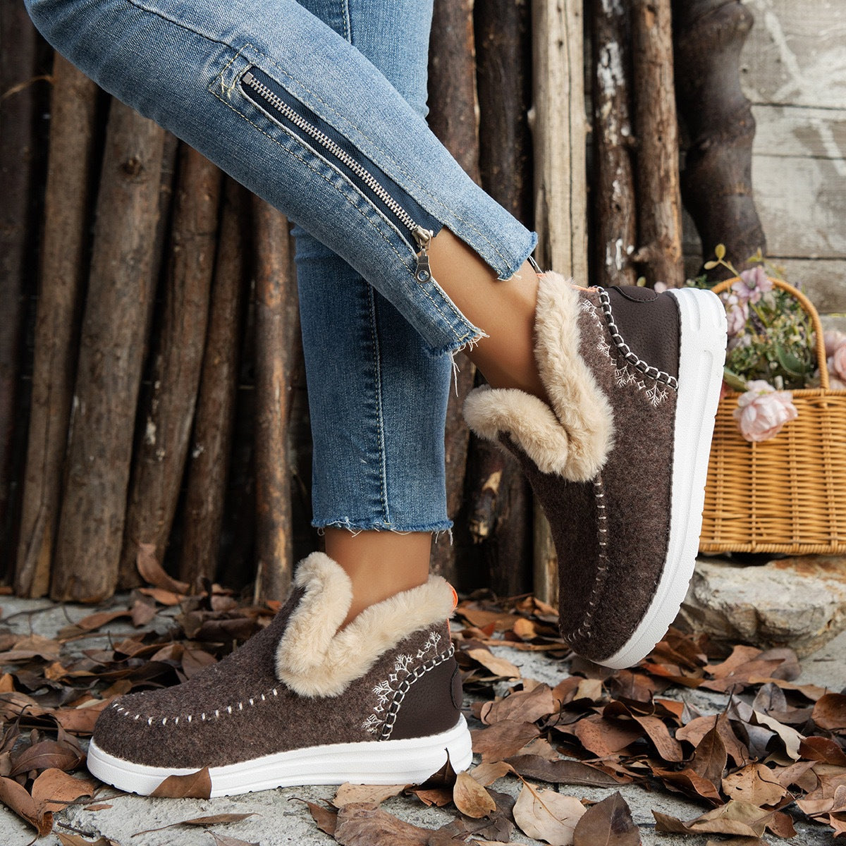 Fleece-Lined Flat Cotton Ankle Boots