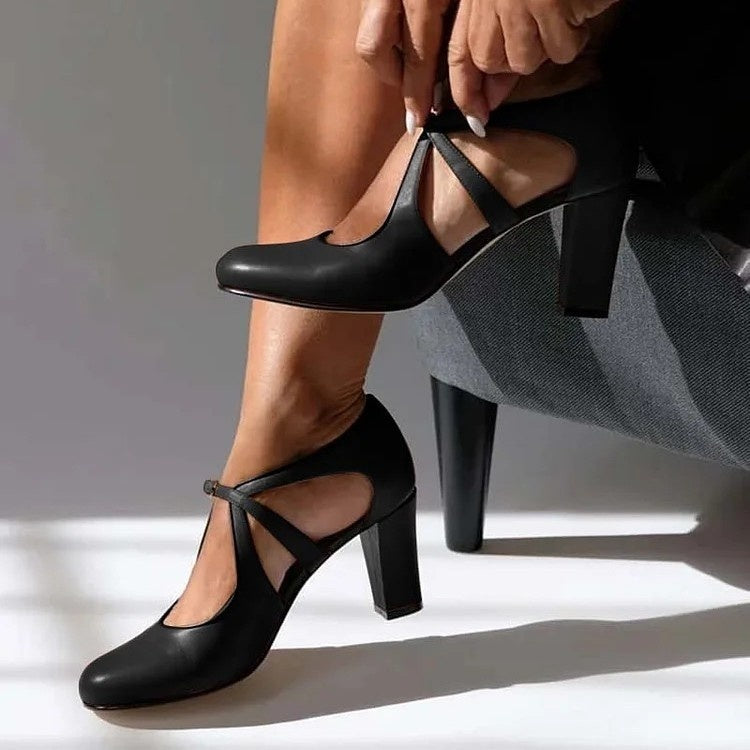 Women's High-Heel Round-Toe Buckle Shoes