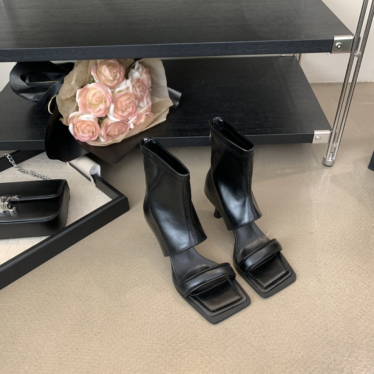 Open-Toe High-Heel Square-Toe Boots