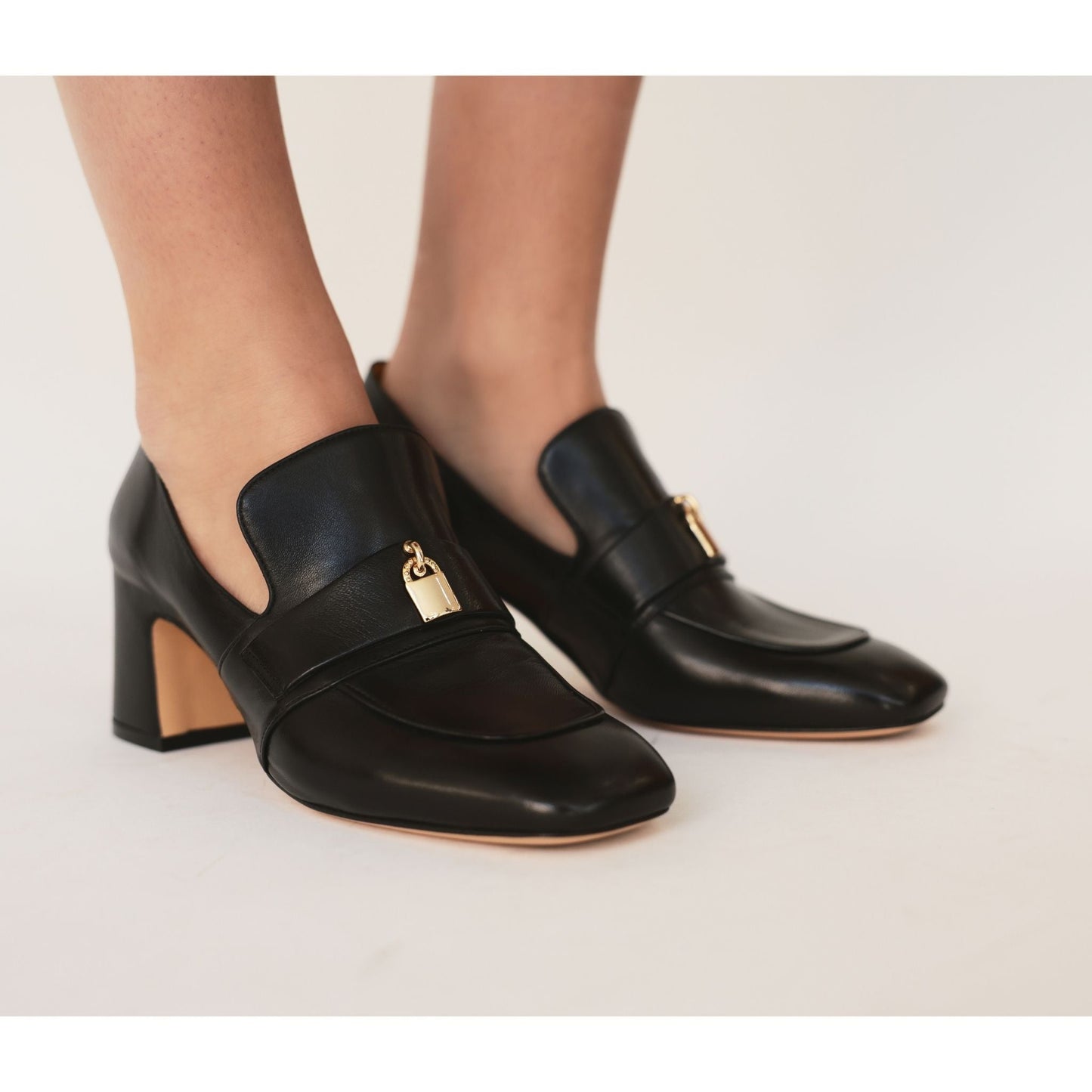 Black Leather Lock Heel Loafer