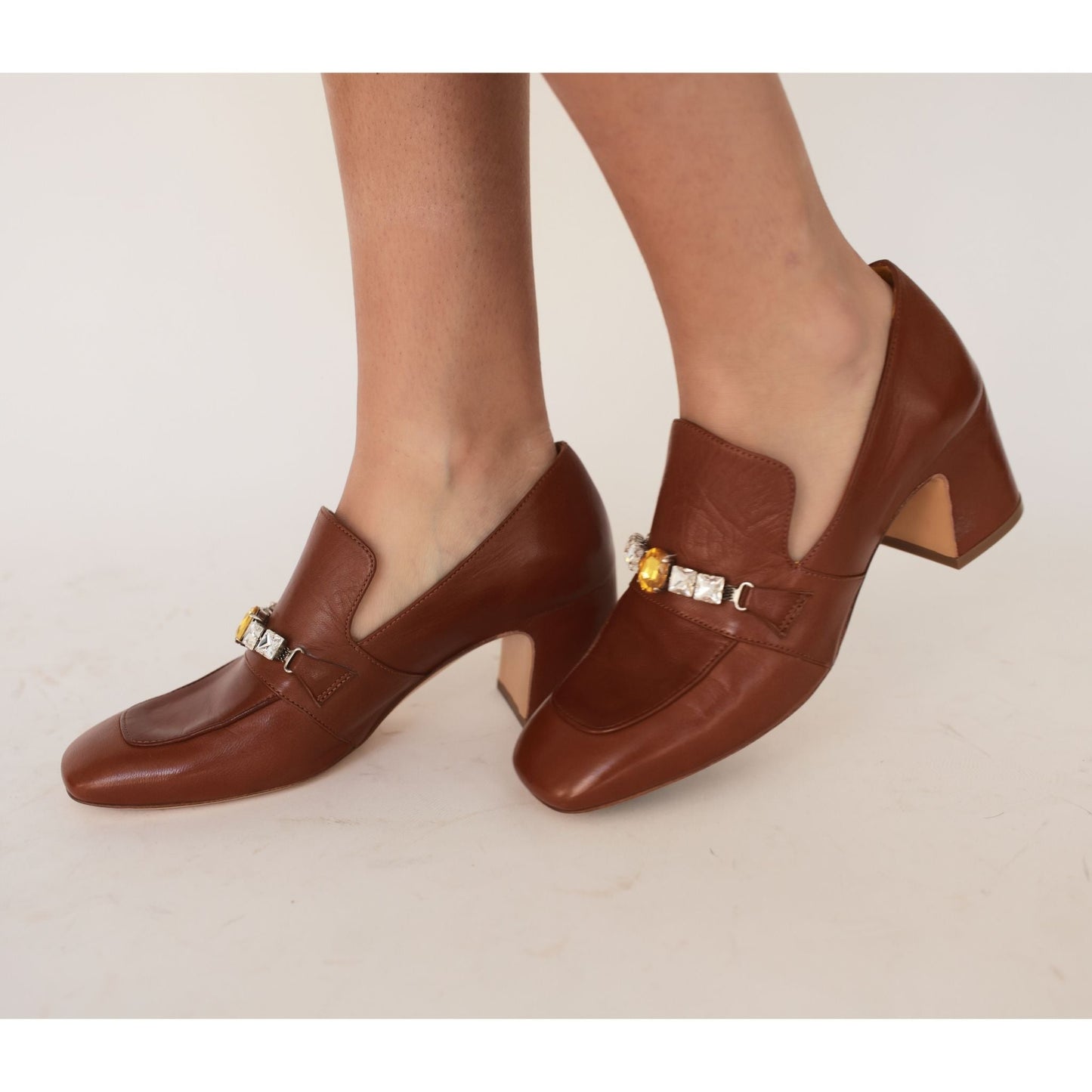 Black Leather Mid Heel Jeweled Loafer