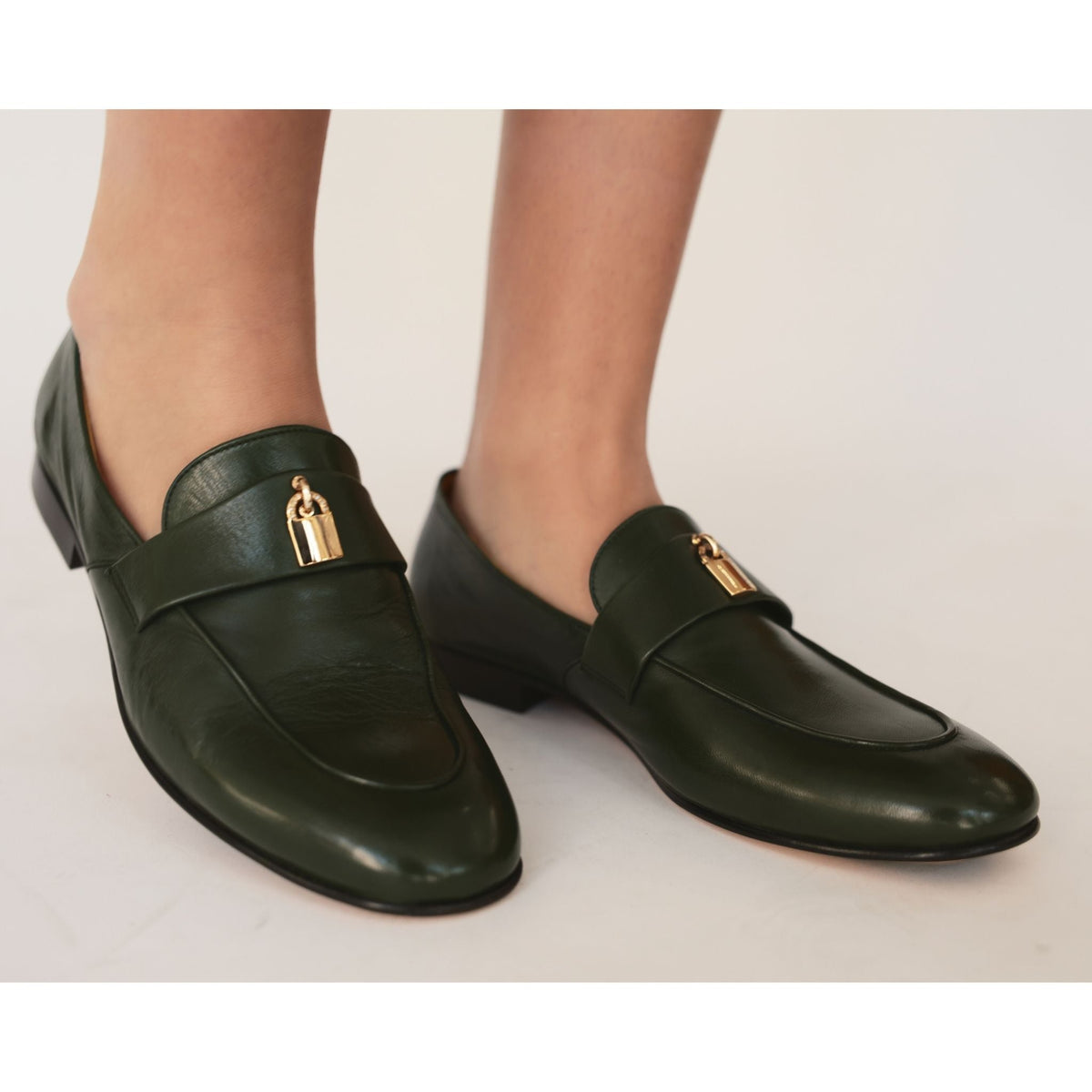 Black Leather Lock Flat Loafer