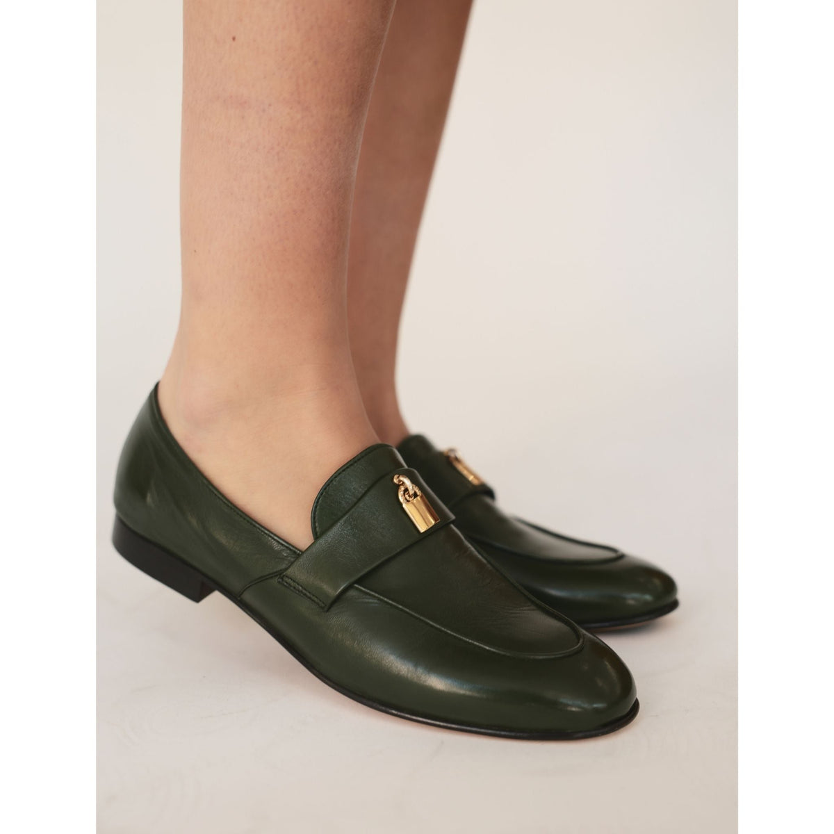Green Leather  Lock Flat Loafer