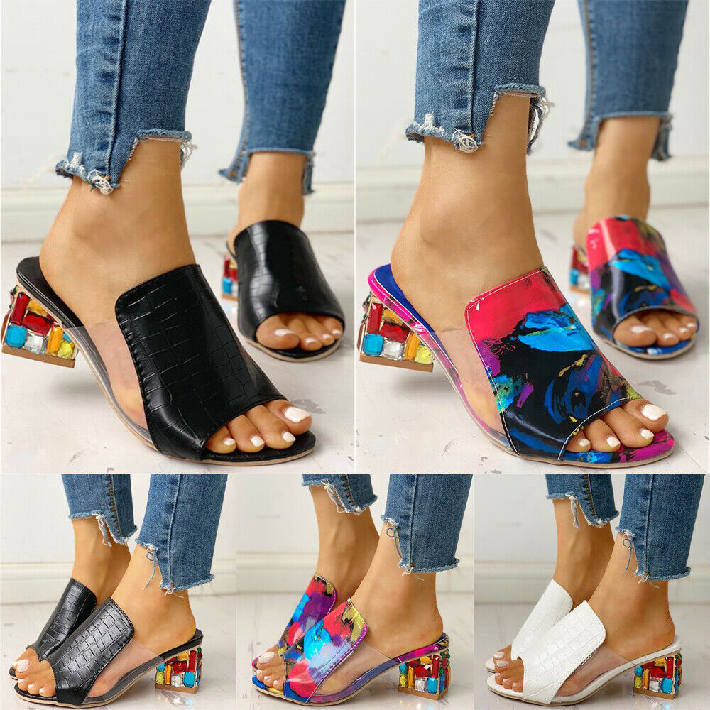 Fish Mouth Rhinestone Thick Heel Sandals