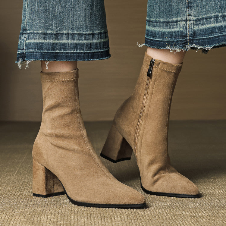 Women's High-Heel Stretch Side Zipper Block Heel Boots