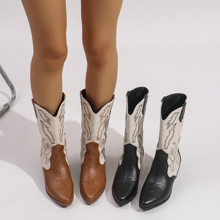Embroidered Mid-Calf Boots