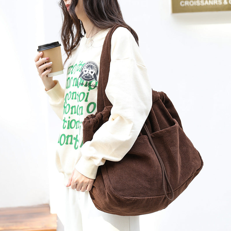 Women's Corduroy Drawstring Shoulder Bag Travel Bag