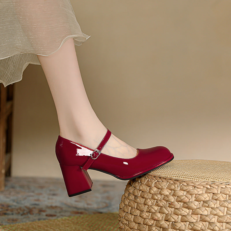 Women's One-Strap Thick Heel Round-Toe Shoes