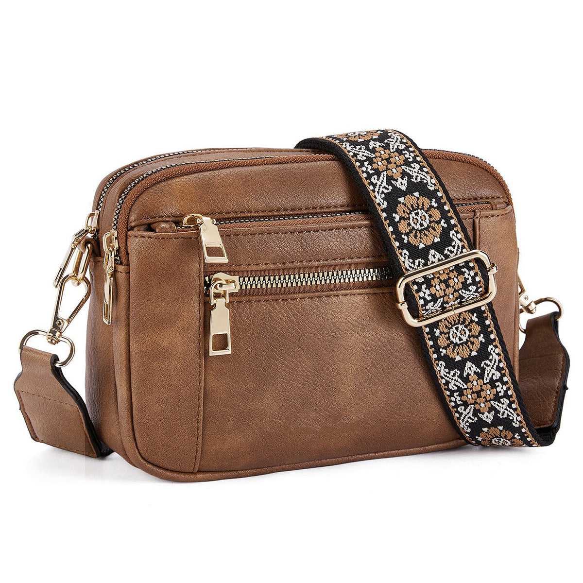 Women's Triple-Zipper Crossbody Bag with Floral Embroidered Strap