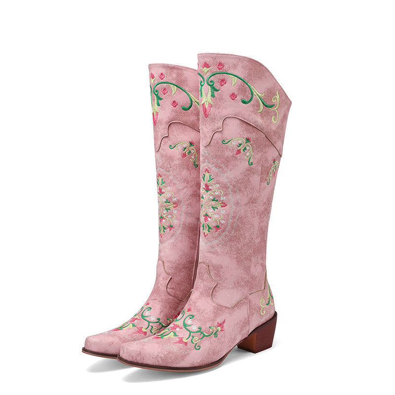 Women's Chunky-Heel Retro Embroidered Side-Zip Mid-Calf Boots