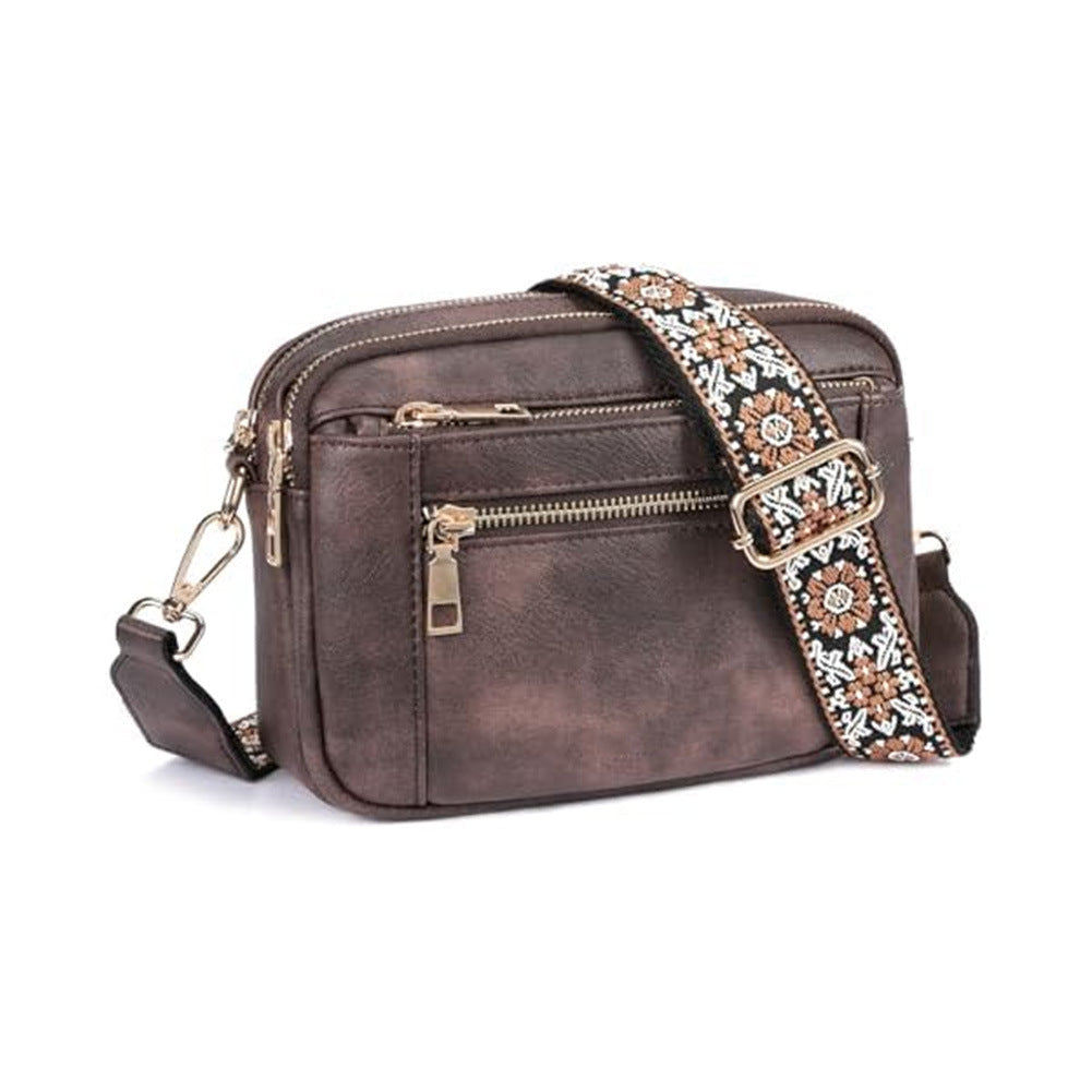 Women's Triple-Zipper Crossbody Bag with Floral Embroidered Strap