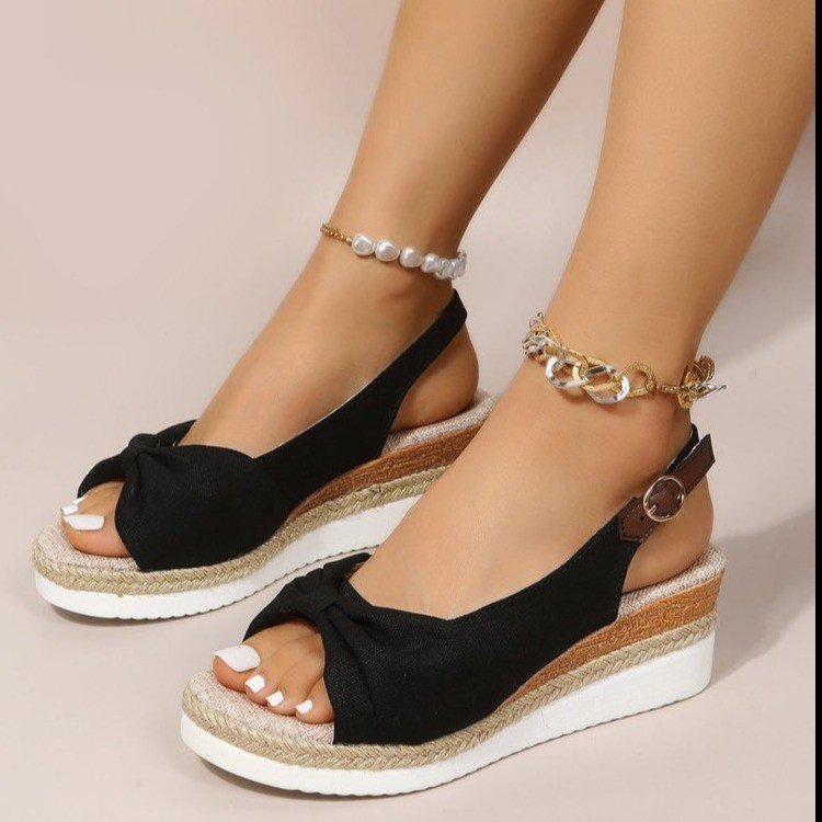 Plus-Size Jute-Strap Bow Sandals