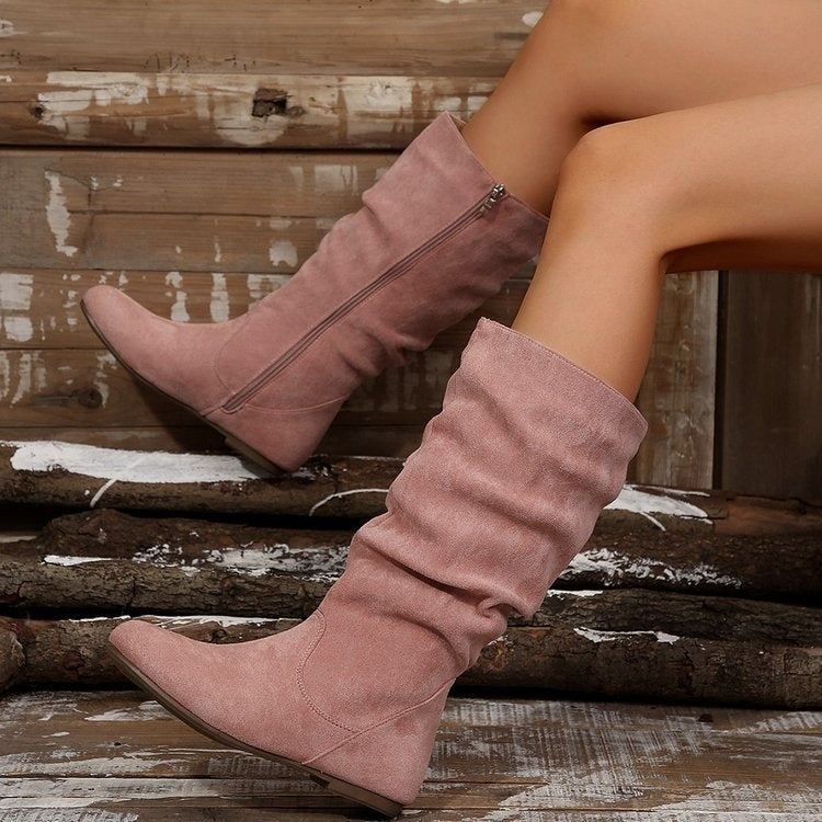 Women's Side Zipper Pleated Pile Boots