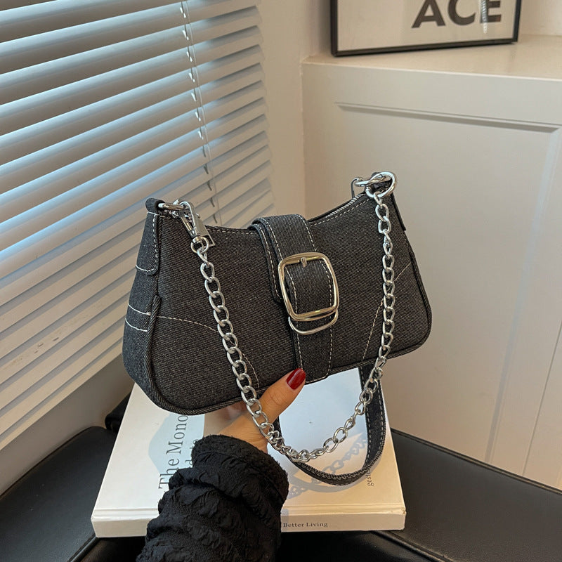 Women's Denim Crossbody Bag with Chain Detail